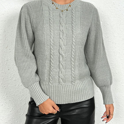 Women's Knit Cable Sweater Casual Long Lantern Sleeve Pullover Crew Neck Tops
