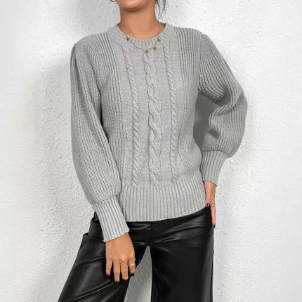 Women's Knit Cable Sweater Casual Long Lantern Sleeve Pullover Crew Neck Tops