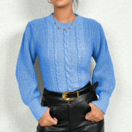 Women's Knit Cable Sweater Casual Long Lantern Sleeve Pullover Crew Neck Tops