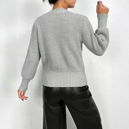 Women's Knit Cable Sweater Casual Long Lantern Sleeve Pullover Crew Neck Tops
