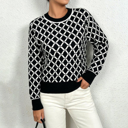 Womens Plaid Color Block Trendy Knit Crew Neck Long Sleeve Sweaters