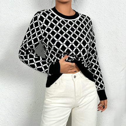Womens Plaid Color Block Trendy Knit Crew Neck Long Sleeve Sweaters