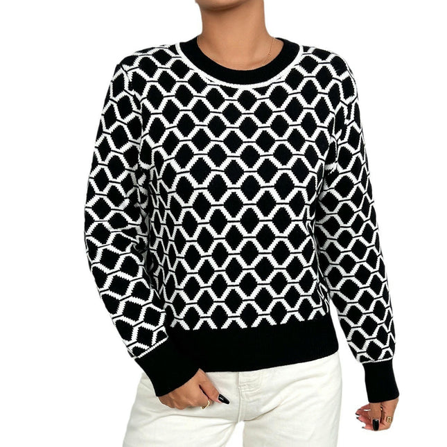 Womens Plaid Color Block Trendy Knit Crew Neck Long Sleeve Sweaters