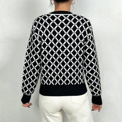 Womens Plaid Color Block Trendy Knit Crew Neck Long Sleeve Sweaters