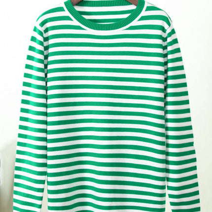 Womens Long Sleeve Color Block Stripe Sweater Crew Neck Knitted Pullover Tops