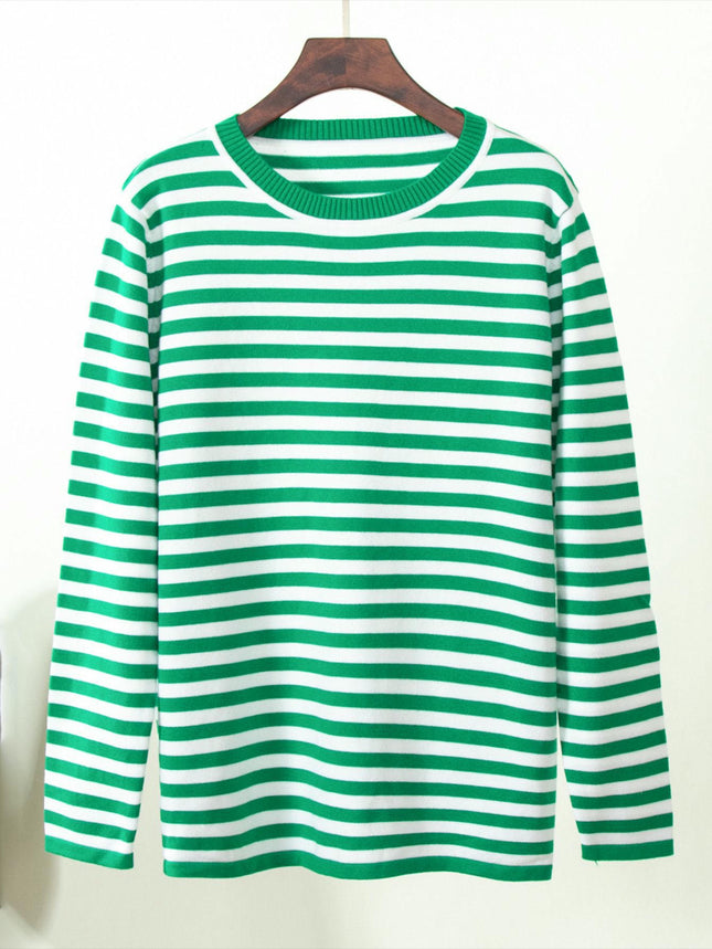 Womens Long Sleeve Color Block Stripe Sweater Crew Neck Knitted Pullover Tops