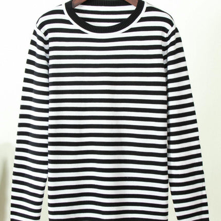 Womens Long Sleeve Color Block Stripe Sweater Crew Neck Knitted Pullover Tops