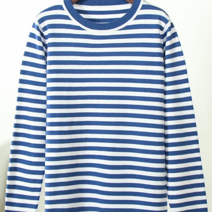 Womens Long Sleeve Color Block Stripe Sweater Crew Neck Knitted Pullover Tops