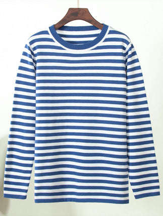 Womens Long Sleeve Color Block Stripe Sweater Crew Neck Knitted Pullover Tops