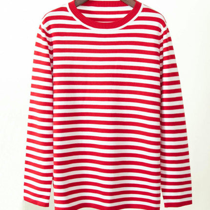 Womens Long Sleeve Color Block Stripe Sweater Crew Neck Knitted Pullover Tops