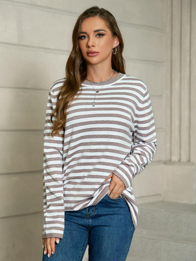 Womens Long Sleeve Color Block Stripe Sweater Crew Neck Knitted Pullover Tops