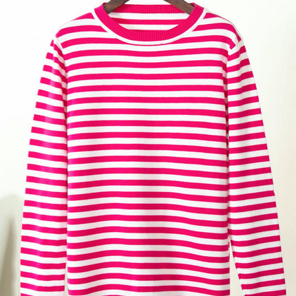 Womens Long Sleeve Color Block Stripe Sweater Crew Neck Knitted Pullover Tops
