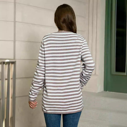 Womens Long Sleeve Color Block Stripe Sweater Crew Neck Knitted Pullover Tops