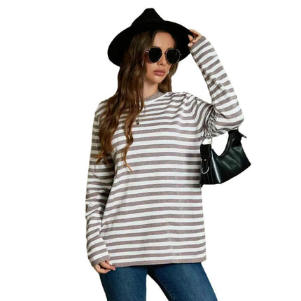 Womens Long Sleeve Color Block Stripe Sweater Crew Neck Knitted Pullover Tops
