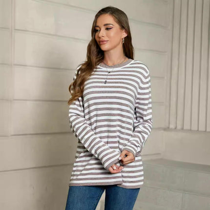 Womens Long Sleeve Color Block Stripe Sweater Crew Neck Knitted Pullover Tops