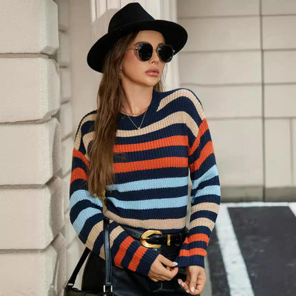 Women's Striped Color Block Sweaters Casual Long Sleeve Crewneck Pullover Tops