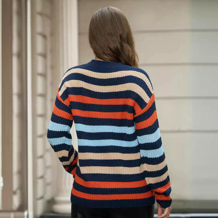 Women's Striped Color Block Sweaters Casual Long Sleeve Crewneck Pullover Tops