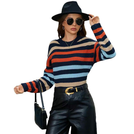 Women's Striped Color Block Sweaters Casual Long Sleeve Crewneck Pullover Tops