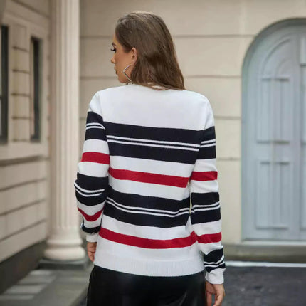 Sweaters for Women Crewneck Striped Color Block Knitted Pullover Tops