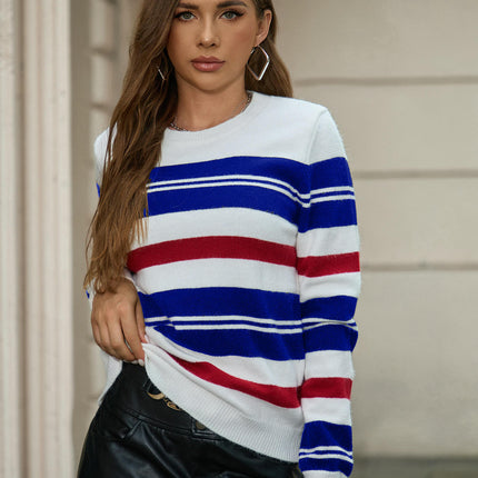 Sweaters for Women Crewneck Striped Color Block Knitted Pullover Tops