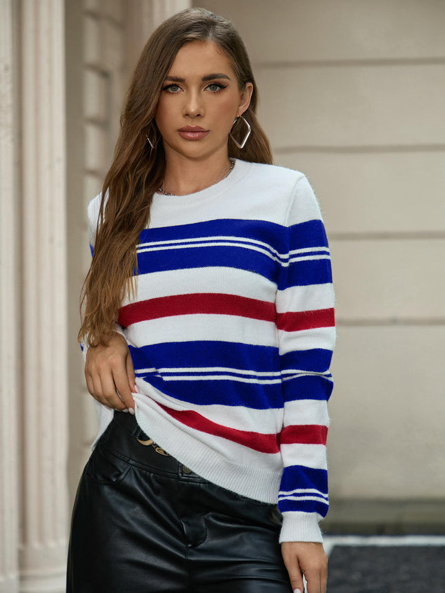 Sweaters for Women Crewneck Striped Color Block Knitted Pullover Tops