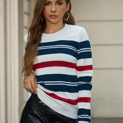 Sweaters for Women Crewneck Striped Color Block Knitted Pullover Tops