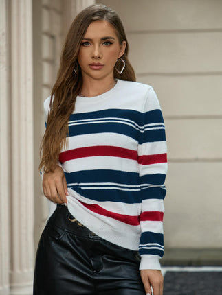 Sweaters for Women Crewneck Striped Color Block Knitted Pullover Tops