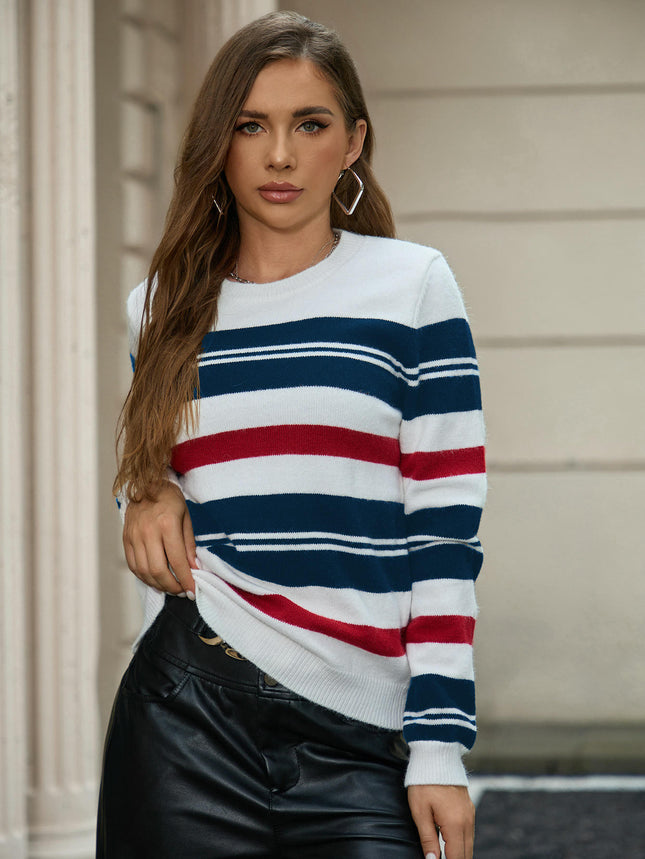 Sweaters for Women Crewneck Striped Color Block Knitted Pullover Tops