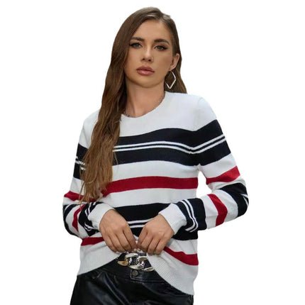 Sweaters for Women Crewneck Striped Color Block Knitted Pullover Tops