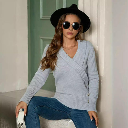 Women's Wrap V Neck Sweaters Long Sleeve Knitted Pullover Top