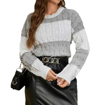 Women's Long Sleeve Crew Neck Color Block Casual Knitted Pullover Sweater Tops