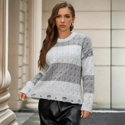 Women's Long Sleeve Crew Neck Color Block Casual Knitted Pullover Sweater Tops