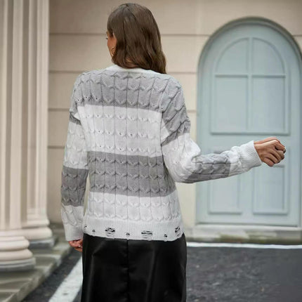 Women's Long Sleeve Crew Neck Color Block Casual Knitted Pullover Sweater Tops