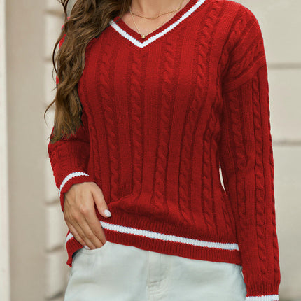Women's Long Sleeve V Neck Cable Knit Sweater Fall Pullover Top