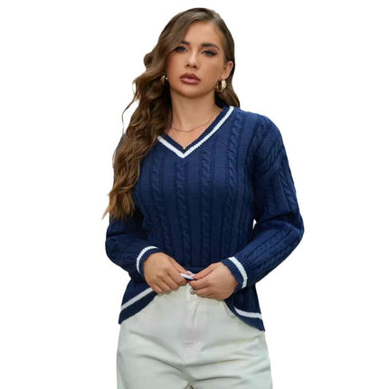 Women's Long Sleeve V Neck Cable Knit Sweater Fall Pullover Top
