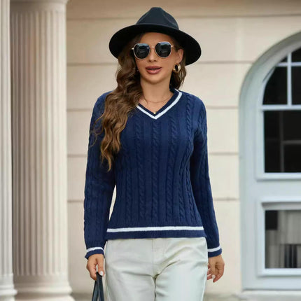 Women's Long Sleeve V Neck Cable Knit Sweater Fall Pullover Top