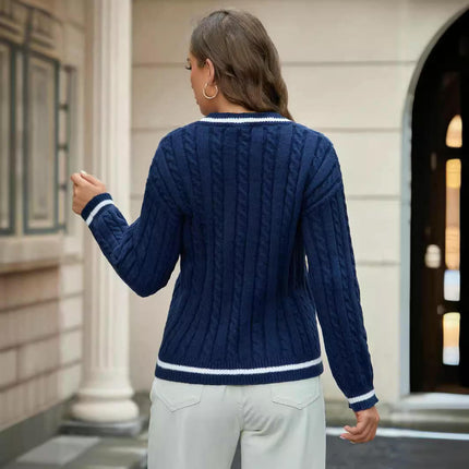 Women's Long Sleeve V Neck Cable Knit Sweater Fall Pullover Top