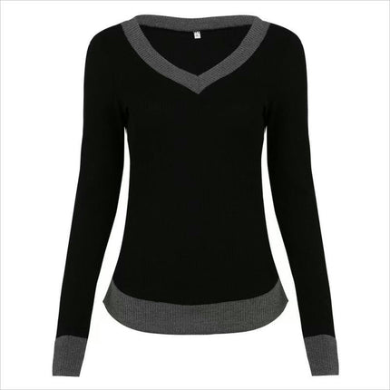 Women's Casual Long Sleeve Sweaters V-Neck Color Block Knit Tops