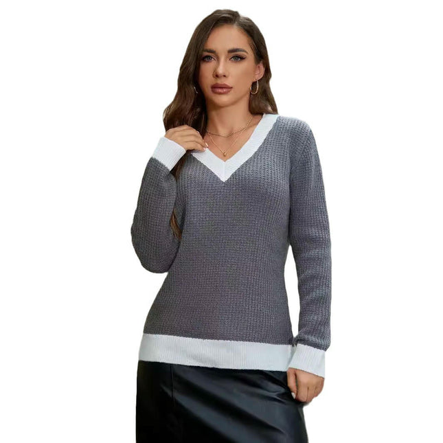 Women's Casual Long Sleeve Sweaters V-Neck Color Block Knit Tops