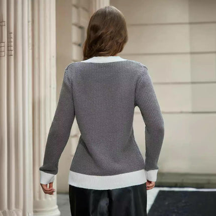 Women's Casual Long Sleeve Sweaters V-Neck Color Block Knit Tops