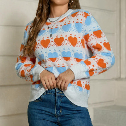 Womens Cute Heart Sweater Knit Crew Neck Long Sleeve Pullover Tops