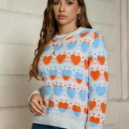 Womens Cute Heart Sweater Knit Crew Neck Long Sleeve Pullover Tops