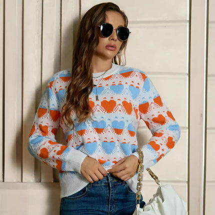 Womens Cute Heart Sweater Knit Crew Neck Long Sleeve Pullover Tops