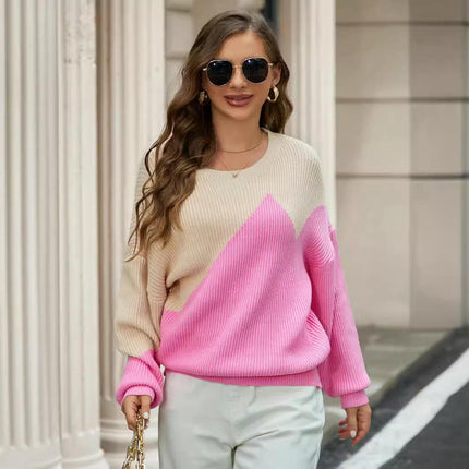 Women's Fall Long Sleeve Crew Neck Color Block Knitted Pullover Sweater Tops