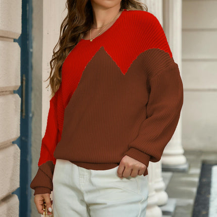Women's Fall Long Sleeve Crew Neck Color Block Knitted Pullover Sweater Tops