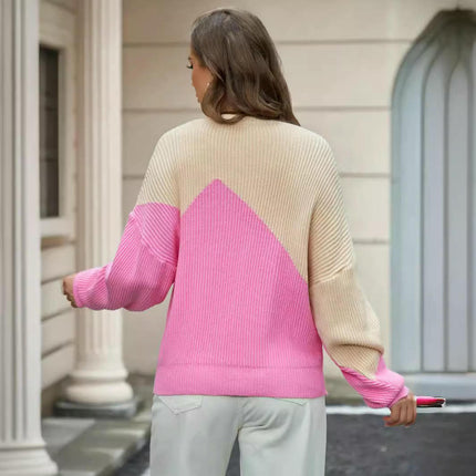 Women's Fall Long Sleeve Crew Neck Color Block Knitted Pullover Sweater Tops