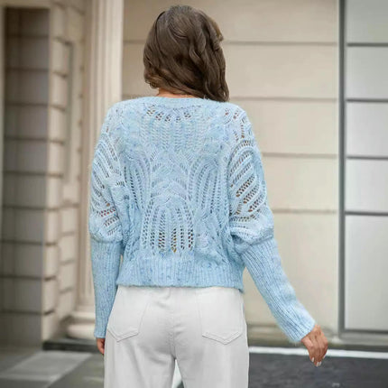 Womens Hollow Cropped Sweaters Crewneck Knitted Pullovers Casual Long Sleeve Tops
