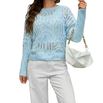 Womens Hollow Cropped Sweaters Crewneck Knitted Pullovers Casual Long Sleeve Tops