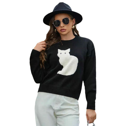 Womens Cute Cat Sweater Casual Knit Crew Neck Long Sleeve Pullover Tops