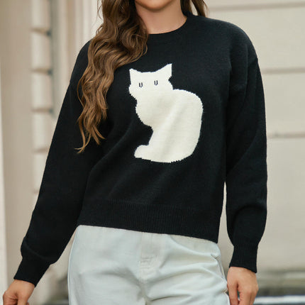 Womens Cute Cat Sweater Casual Knit Crew Neck Long Sleeve Pullover Tops